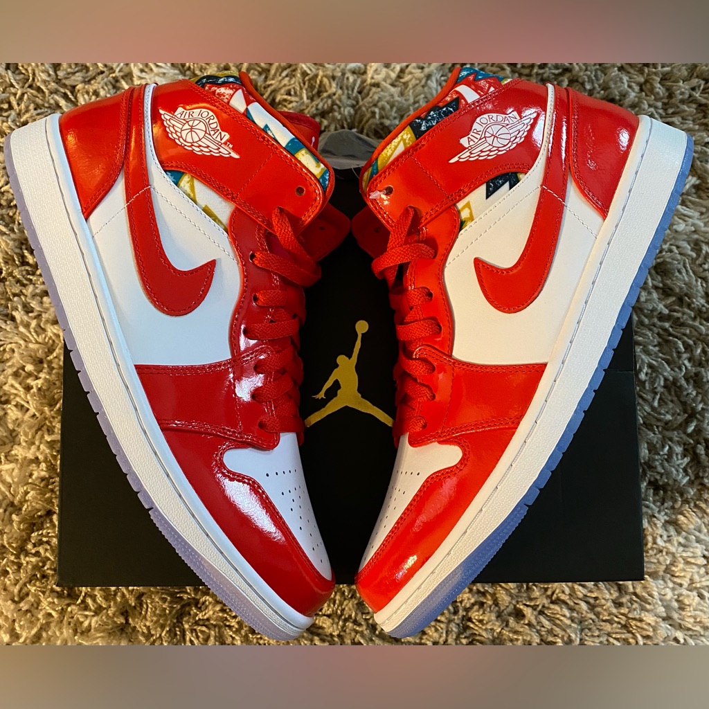 Jordan 1 Mid Barcelona Sweater Red Patent Men’s Size 11